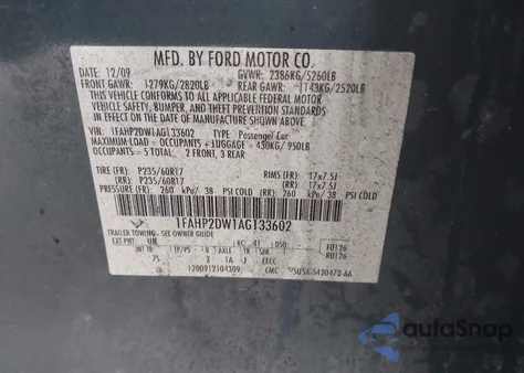2010 Ford Taurus Se from USA, damaged, VIN 1FAHP2DW1AG133602